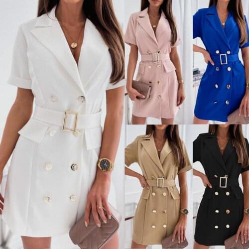 70% Hot Sell Short Dress Double-breasted Breathable Mini Ladies Wide Belt Metal Buckle Lapel Dress for Party
