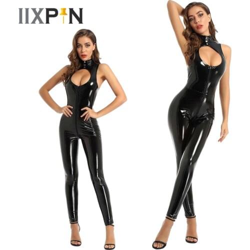 Sexy Wetlook Patent Leather Catsuit Bodysuit Front Zipper Open Crotch Leotard Romper Jumpsuit Clubwear Pole Dance Clothing