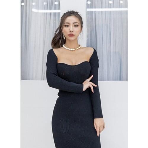Korean Knitted Bodycorn Dress Women Square Collar Sexy Sheath Dress Spring Long Dress Long Sleeve Vintage Clubwear Slim B818