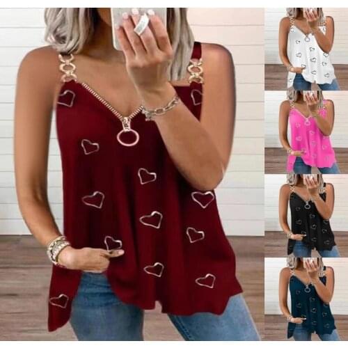 Summer T Shirt Women 2021 love printing metal ring sling v-neck zipper condole belt Female Tee Tshirts dropshipping YFF6418