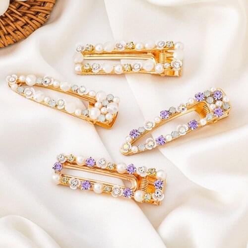 Girl literary Pearl Rhinestone Flower Hairpin Geometric Metal Hair Accessories Women Barrettes Sweet Retro Duckbill Side clip