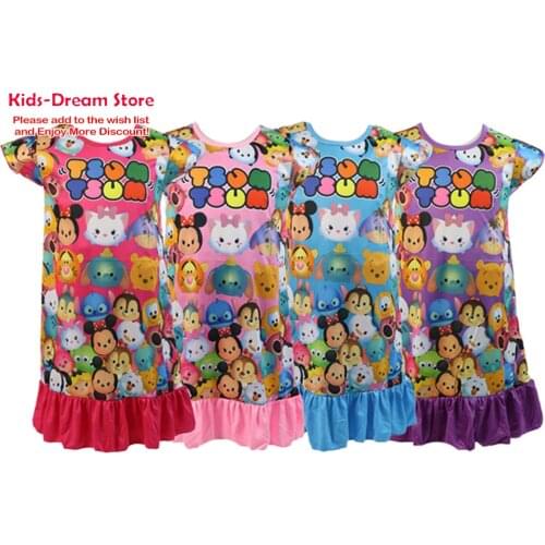 2021 New Kids Girls Pink Nightdress Cartoon Print Short Sleeve Dress Baby Childrens Home Casual Sleepwear Robe 3-9Years