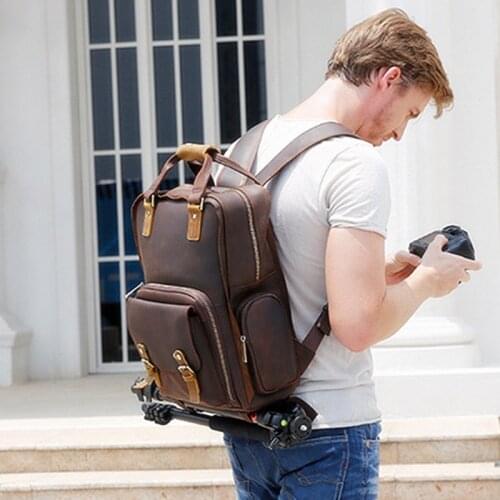 New Leather Outdoor Camera Bag Men Backpack Retro crazy horse leather 15.6 inch Laptop Bag backpack Cowhide travel backpacks