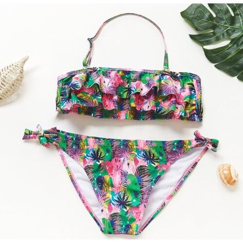 New 2021 Green Leaves Girls Split Bikini Swimsuit Suit Size Adjustable 7-16Y Girl Swimwear Falbala Children Beach wear