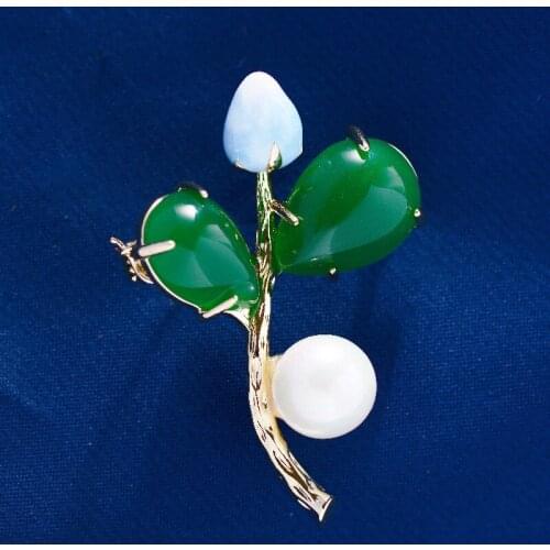 OKILY Fashion Temperament Imitation Jade Plant Brooch Pin for Unisex Jewelry Accessories Cute Branch Pearl Corsage Pins