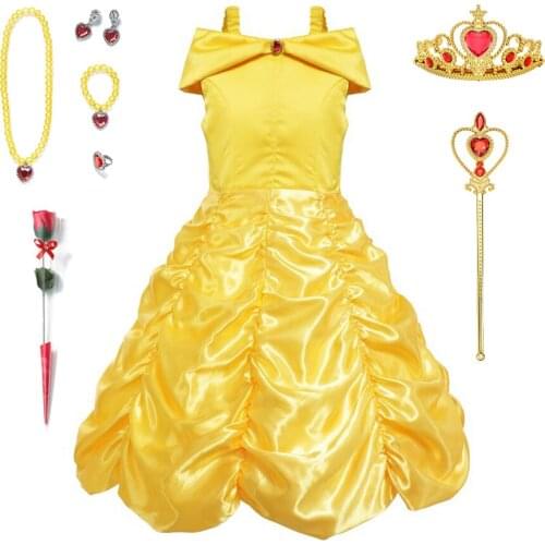 2020 Cosplay Belle Princess Dress Girls Dresses For Beauty and the Beast Kids Party Clothing Wand Crown Gloves Children Costume