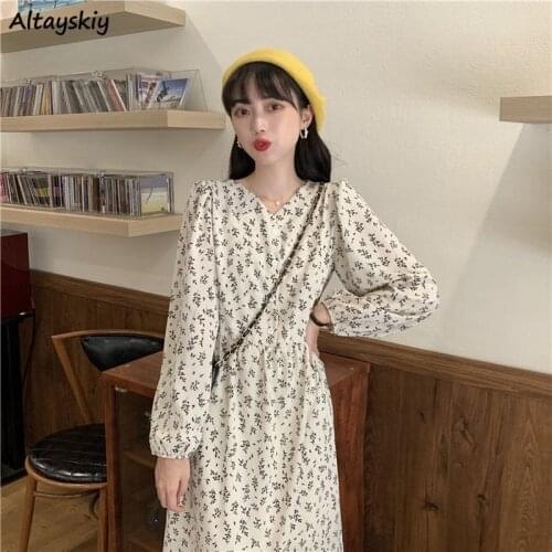Dress Women V-neck Retro Floral Basic All-match Trendy Ulzzang Sweet Ladies Long Dresses Chic Popular Mid-calf Vestido De Mujer