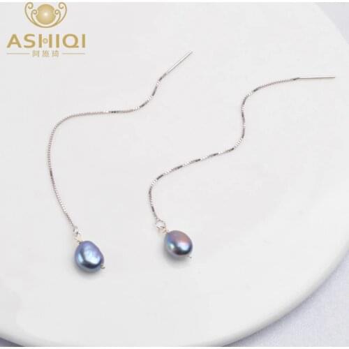 ASHIQI 925 Sterling Silver Long Chain Earring Pendants For Women Natural Freshwater Pearl Jewelry Gifts for The New Year