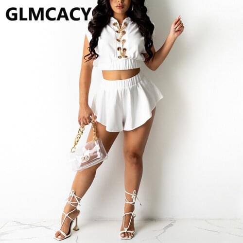 Two Piece Casual Suits Sleeveless Chain Lace Up Crop Top & Loose Shorts Set