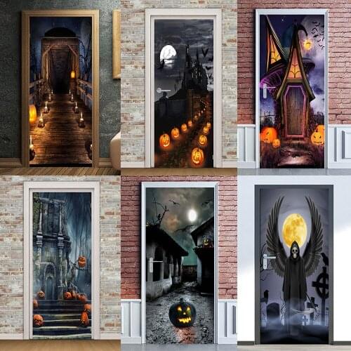 Ghost Pumpkin Door Sticker Halloween Backdrops Self-adhesive PVC Wall Mural Kitchen Room Decals 3D