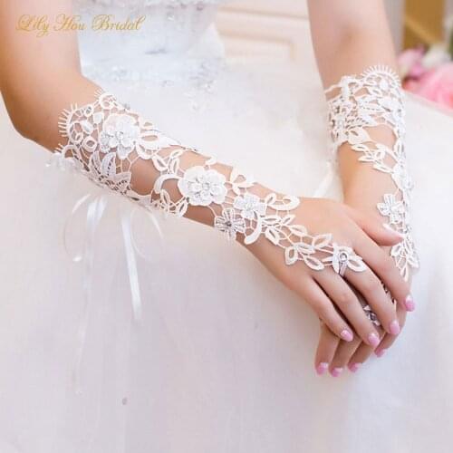 Ivory Elbow Lenth Long Beaded Crystals Lace Fingerless Bridal Gloves Wedding Accessories for Bride Women