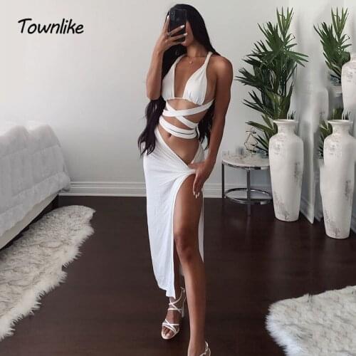 Townlike White Bandage Irregular Sexy Two Piece Set Deep V Crop Top And Split Midi Skirts 2020 Summer 2 Piece Set Women Outfits