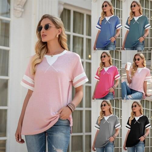 Casual womens round neck split short sleeve color matching T-shirt