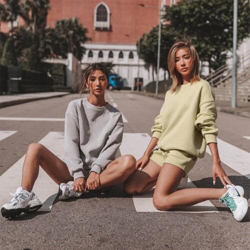 Women Two-piece Clothes Set, Solid Color Round Collar Long Sleeve Tops and Elastic Waist Shorts, Khaki/ Pale Yellow/ Grey
