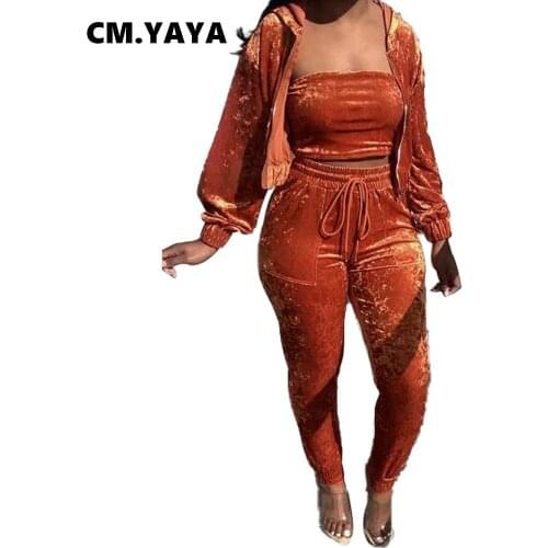 CM.YAYA Women Tracksuit Solid Velvet Full Sleeve Zip Hooded Collar Coats Strapless Vest Pockets Pants 3 Piece Sets Fall Outfits