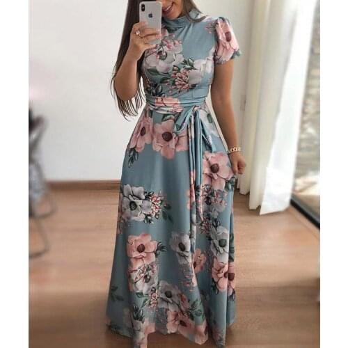 Spring Summer Dresses For Women 2021 Elegant Long Dress With Short Sleeve Floral Print Maxi Vestidos With Bandage Robe Femme