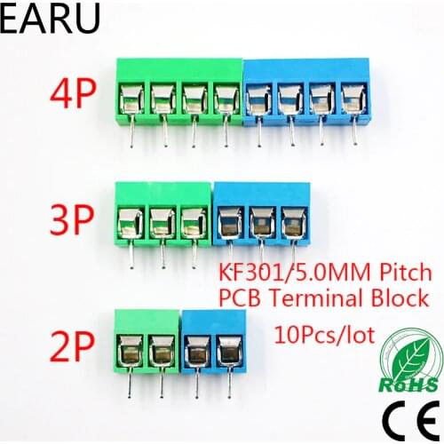 10Pcs/lot KF301-5.0-2P KF301-3P KF301-4P Pitch 5.0mm Straight Pin 2P 3P 4P Screw PCB Terminal Block Connector Blue Green