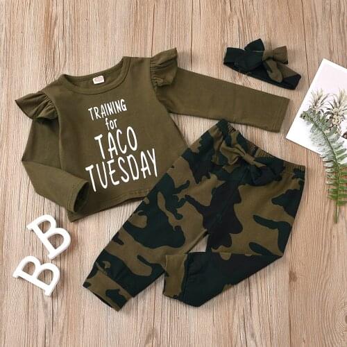 3 Piece Kids Camouflage Suit Children Cute Bow Long Sleeve Trousers Hairband Set for Girls