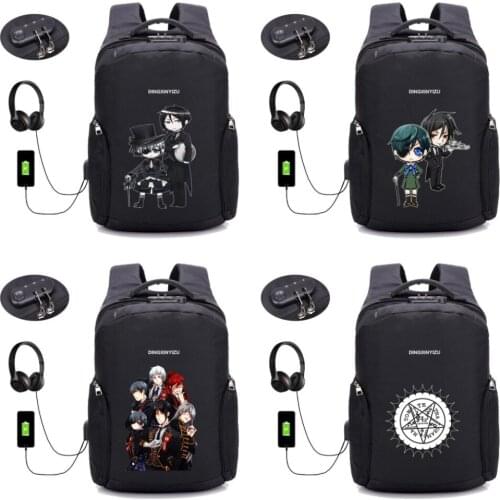 Anime black butler backpack USB charging Men canvas Laptop Backpacks Teenager student Male Mochila Travel backpack 16 style