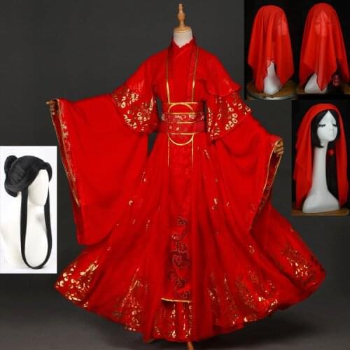 Anime Tian Guan Ci Fu Xie Lian Cosplay Costume Red Wedding Dress Halloween Costumes for Women Chinese Ancient Hanfu Wigs Hijab
