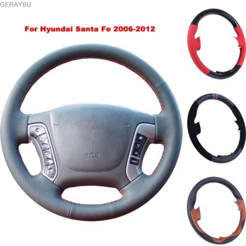 GERAYBU Custom DIY Black Leather Hand-sewn Car Steering Wheel Cover For Hyundai Santa Fe 2006-2012 Breathable Wear-resistant