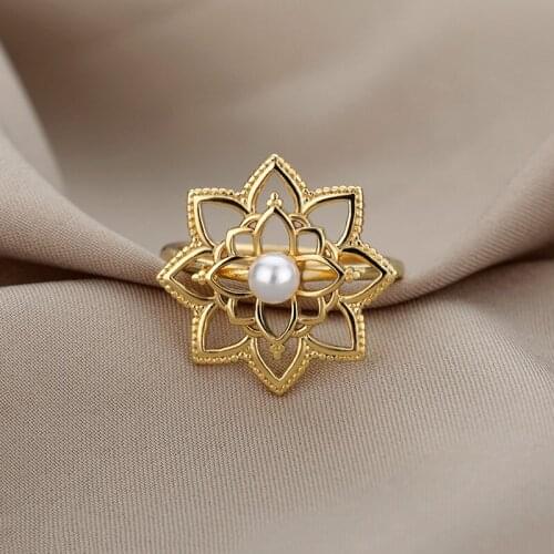 Imitation Pearl Lotus Flower Rings For Women Girls Gold Silver Color Stainless Steel Female Ring Engagement Wedding Jewelry 2021