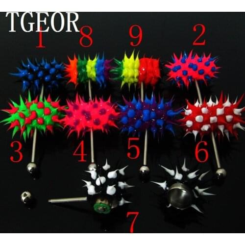Free shipping 14G 1pcs spike Koosh silcone vibrating surgical Stainless Steel tongue piercing ring NICE