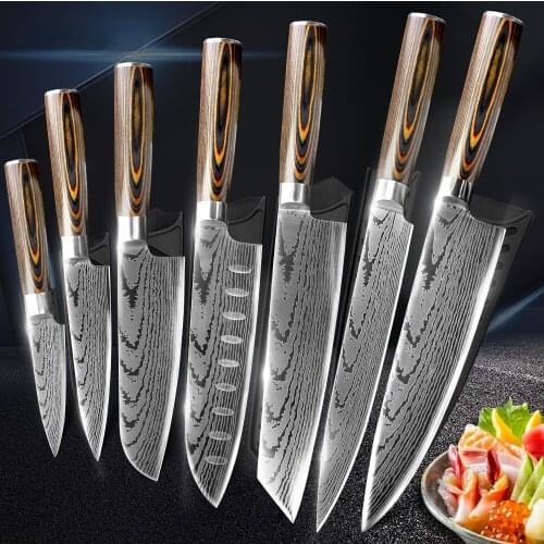 Kitchen Knives Chef Knives Japanese 7CR17 440C High Carbon Stainless Steel Imitation Damascus Sanding Laser Ktichen Knife