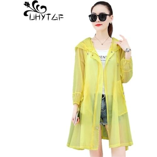UHYTGF Mid-Length Summer Jacket Women Anti-UV Breathable Thin Sun-Proof Clothing Long-Sleeved Hooded Loose Plus Size Coat 1348