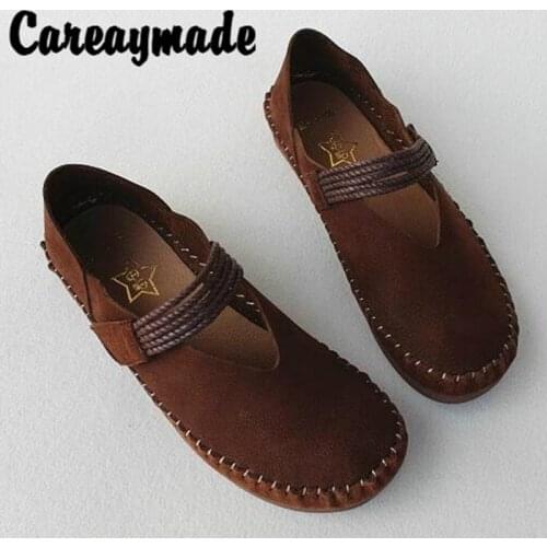 Careaymade-New Japanese Series Womens Shoes Air-permeable Comfortable Flat-soled Handmade Cowhide Shoes Literary Single Shoes