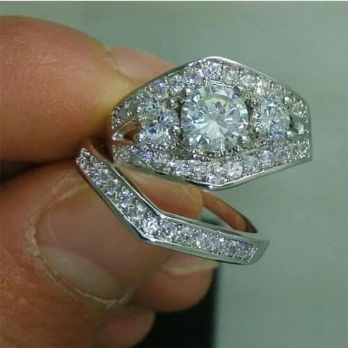 New Arrival 2Pcs/set Geometric Cubic Zircon Wedding Ring For Women High Qualtiy Silver Color Full Crystal Jewelry Ring Wholesale