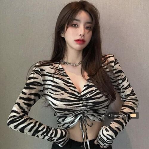 Internet Hot T-shirt Womens Ins Super Fire Zebra Pattern V-neck Drawstring Slim Fit Long Sleeve Short Top Bottoming All-Match
