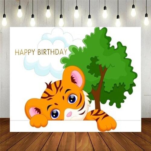 Photo Studio Props Photography Backdrop Cartoon Cute Tiger Lying On White Vinyl Background For Kids Birthday Party Decoration