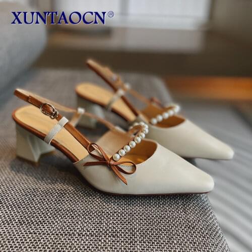 Fashion Brand Pearl Sandals Women Shoes Classic Beige Womens High Heels Sandals Summer Shoes Elegant Pointed Toe Square Heel