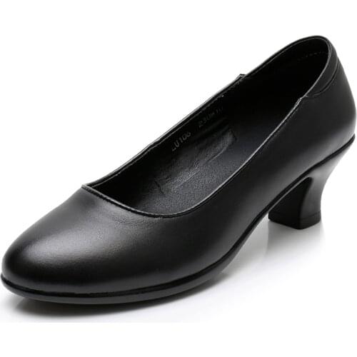 34-41 Large Size Womens Work Shoes Thick Heel Office Shoes Womens Leather 4cm Black Middle Heel Professional Tooling Shoes