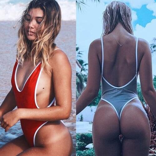2021 Summer Red White patchwork One Piece Swimsuit Sexy Thong Swimwear Women Bikinis Deep V Neck Bodysuit Monokini for women