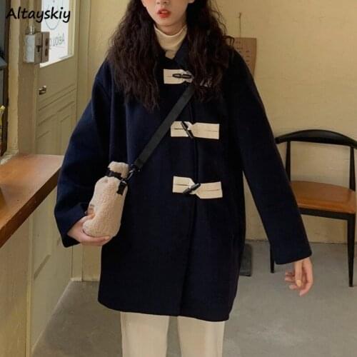 Wool Women Horn Button School Elegant All-match Chic Casual Harajuku Coat Simple Korean Style Patchwork Autumn Wide-waisted 2021