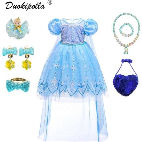 Birthday Light Blue Elsa Dress for Girls 2021 Halloween Performance Snow Queen Costume Lantern Sleeve Snowflake Evening Dresses