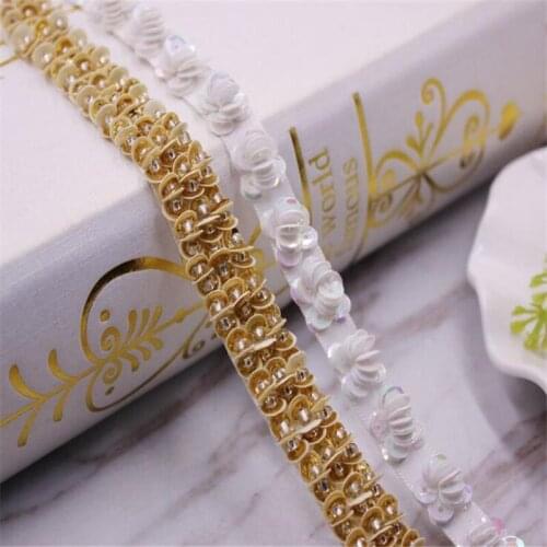 1 Yards sequin Beaded and flower Lace Trim Tape Lace Ribbon African Lace Fabric Collar Dress Sewing Garment Headdress Materials