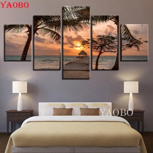 5 Pcs 5D diy Diamond Painting Full Square Round Wooden Bridge Sunset Landscape Wall Art Diamond Art Rhinestones Embroidery icon