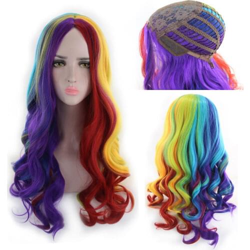 68cm Women Cosplay Lolita Multicolor Stitching Gradient Wig Long Wig Curved Big Wave Black and White Blue Pink Color Wigs