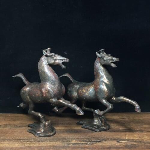 8"Chinese temple collection Old Bronze Cinnabar Lacquer Horse statue A pair Ma Ta Feiyan Office Ornaments Town House Exorcism