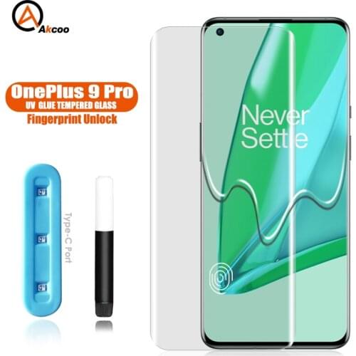 Akcoo for OnePlus 9 Pro Screen Protector UV Glue Tempered Glass film for OnePlus 7t 8 Pro 5G Protective film fingerprint unlock