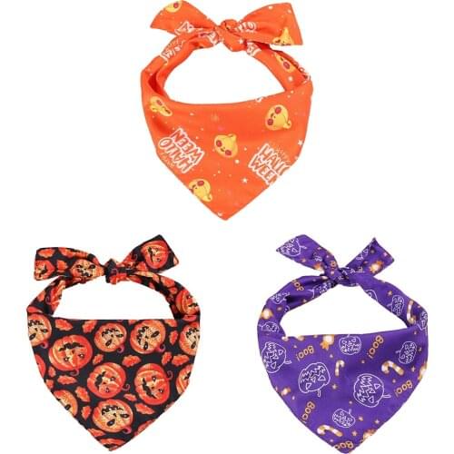 Halloween Dog Bandanas Triangle Adjustable Pumpkin Ghost Pet Bandanas Washable Dog Neckerchief Pet Bibs Supplies