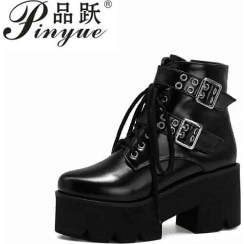 Size 34-43 Platform Boots Women Double Buckle Chunky Motorcycle Boots for Women Ankle Boots for Women Dames Femmes Bottes
