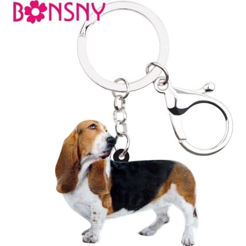 Bonsny Acrylic Standing Basset Hound Dog Key Chains Keychains Ring Cute Animal Jewelry For Women Girls Bag Car Purse Charms Gift
