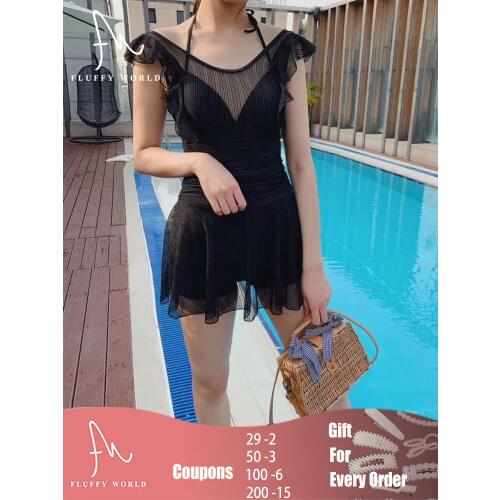 Korean Style One Piece Swimwear Sexy Lady Swim Skirt Summer Beach Wear Bathing Suit Female Bikini Set Beachwear Black Swimdress