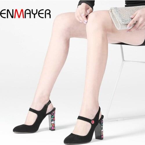 ENMAYER 2020 Sexy Shoes Woman High Heel Kid Suede Elastic Band Wedding Shoes Square Heel Round Toe Crystal Pumps Women Shoes