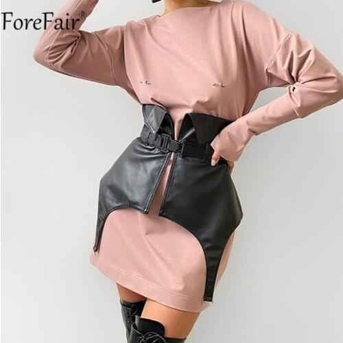 Forefair Black PU Belted Corset Crop Tops Women Irregular Fashion Tank Tops Fur Leather Bandage Tops Party Female Autumn 2021