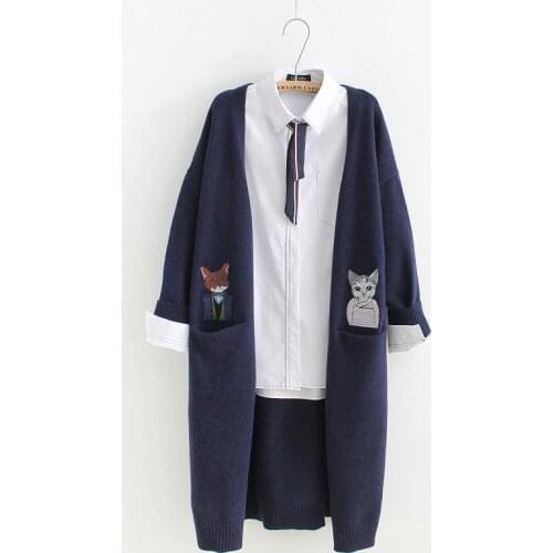 Double pocket cat embroidery Cardigan sweaters mori girl high quality 2019 autumn winter